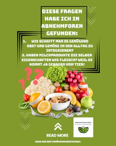 Fragen zu gesunder Ernährung mit Obst, Gemüse und einer Schüssel Quinoa im Vordergrund.